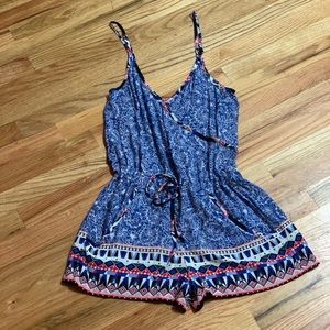 French Connection Blue Aztec Tie Waist Romper